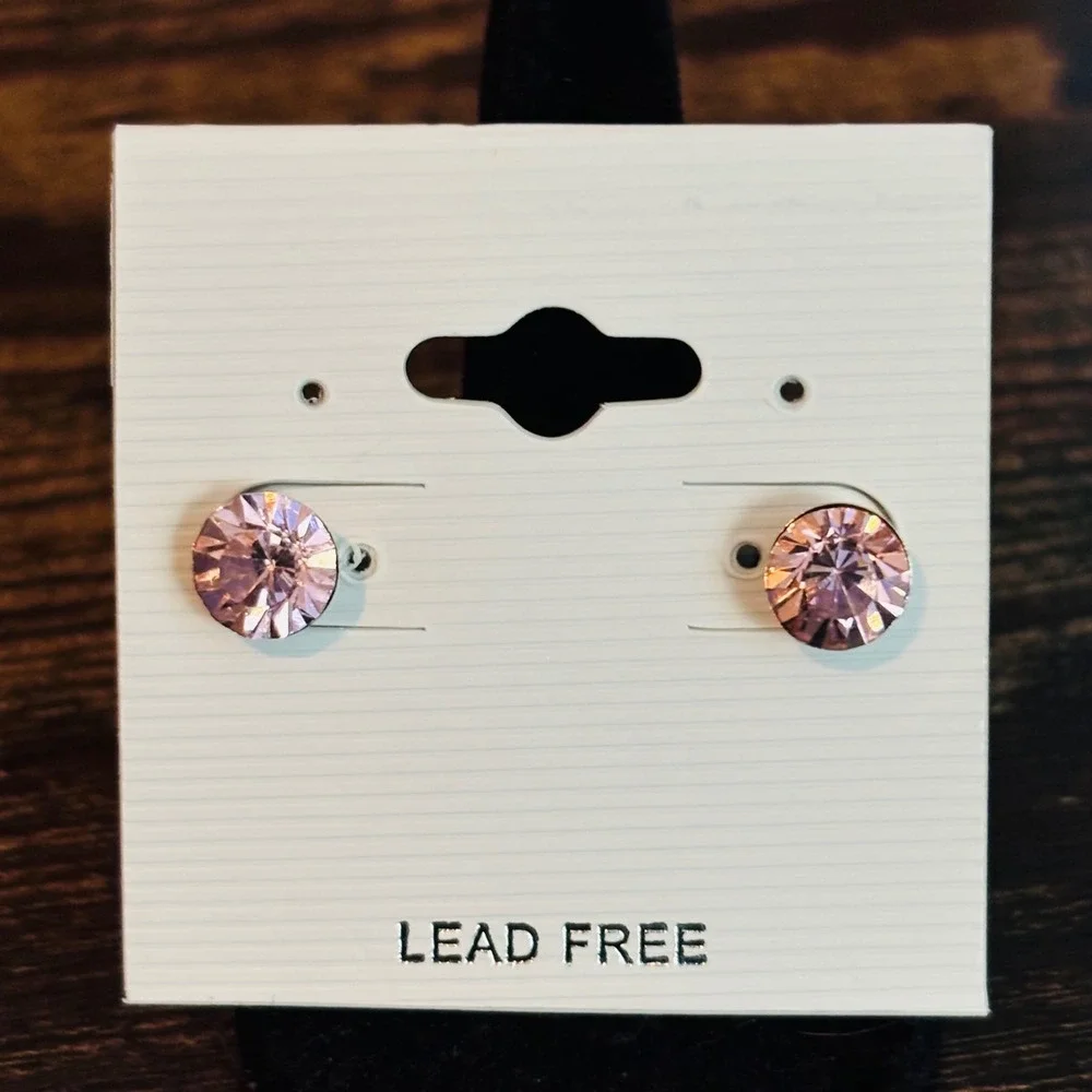 Pink Crystal Stud Earrings Round Cut Lead Free Sparkly Jewelry